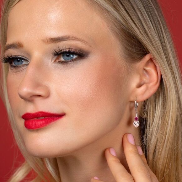 925 Sterling Silver with 3.03 Cttw Peach Morganite and Ruby Heart Drop Earrings - Picture 3 of 4